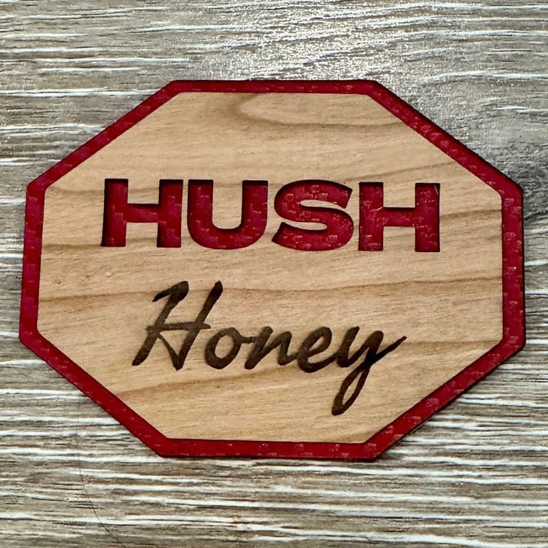On A Whim Hats Hush Honey  Iron-On Wood and Leather Patch