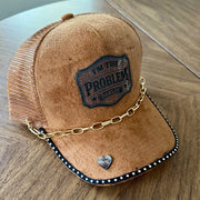 On A Whim Hats I'm the Problem Darlin' Handmade Vegan Suede Trucker Hat w/ Cowhide Patch