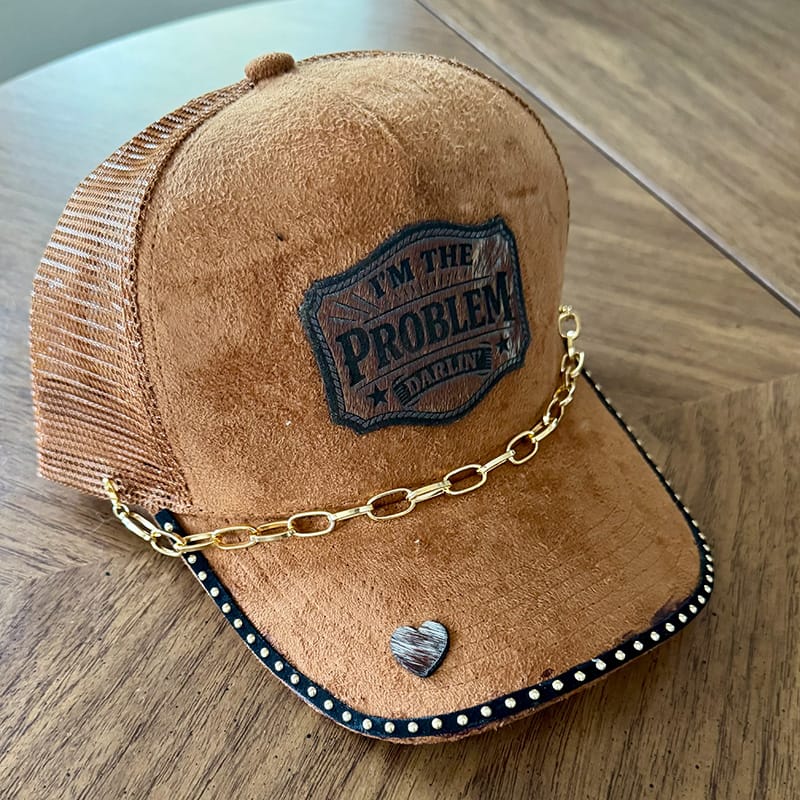 On A Whim Hats I'm the Problem Darlin' Handmade Vegan Suede Trucker Hat w/ Cowhide Patch