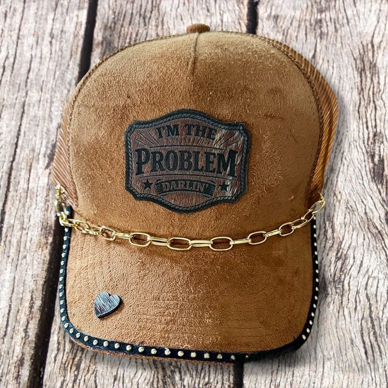 On A Whim Hats I'm the Problem Darlin' Handmade Vegan Suede Trucker Hat w/ Cowhide Patch