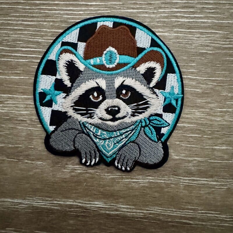 On A Whim Hats Bandit Raccoon Checkered Iron-On Patch