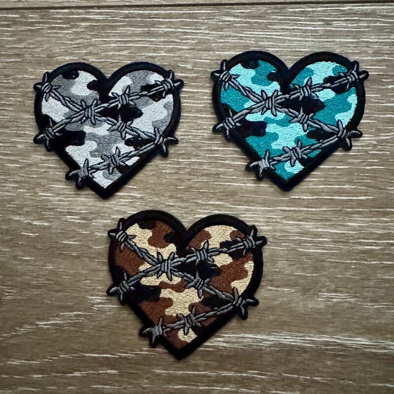 On A Whim Hats Barbed Wire Camo Heart Iron-On Patch