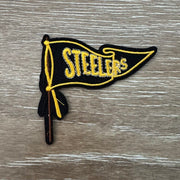 On A Whim Hats Black and Gold Pennant Flag on Pole Iron-On Patch