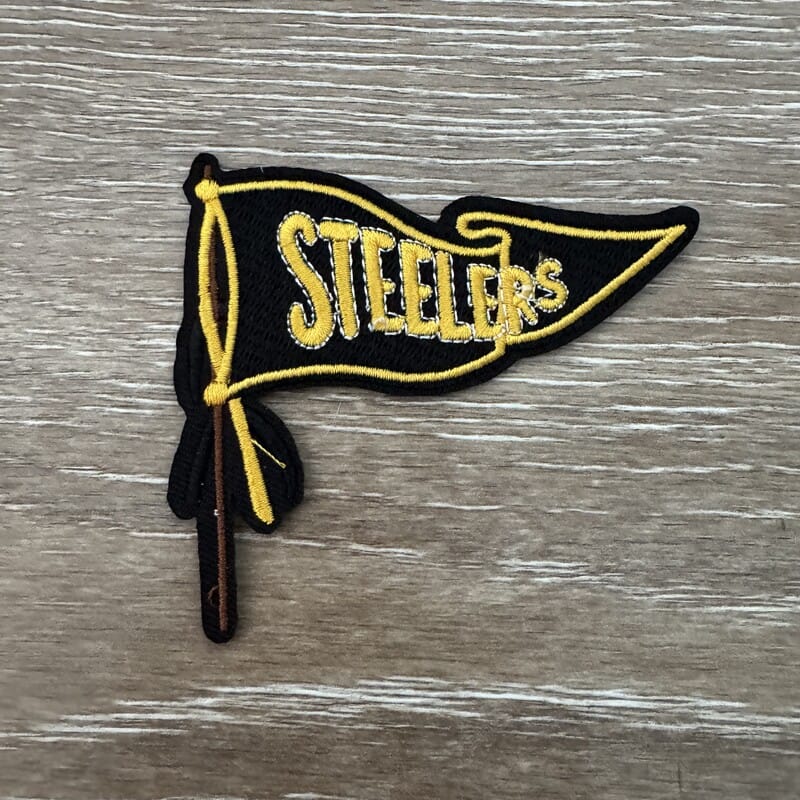 On A Whim Hats Black and Gold Pennant Flag on Pole Iron-On Patch