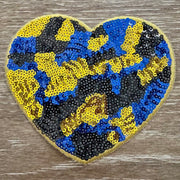 On A Whim Hats Blue and Gold Camo Sequin Heart Iron-On Patch