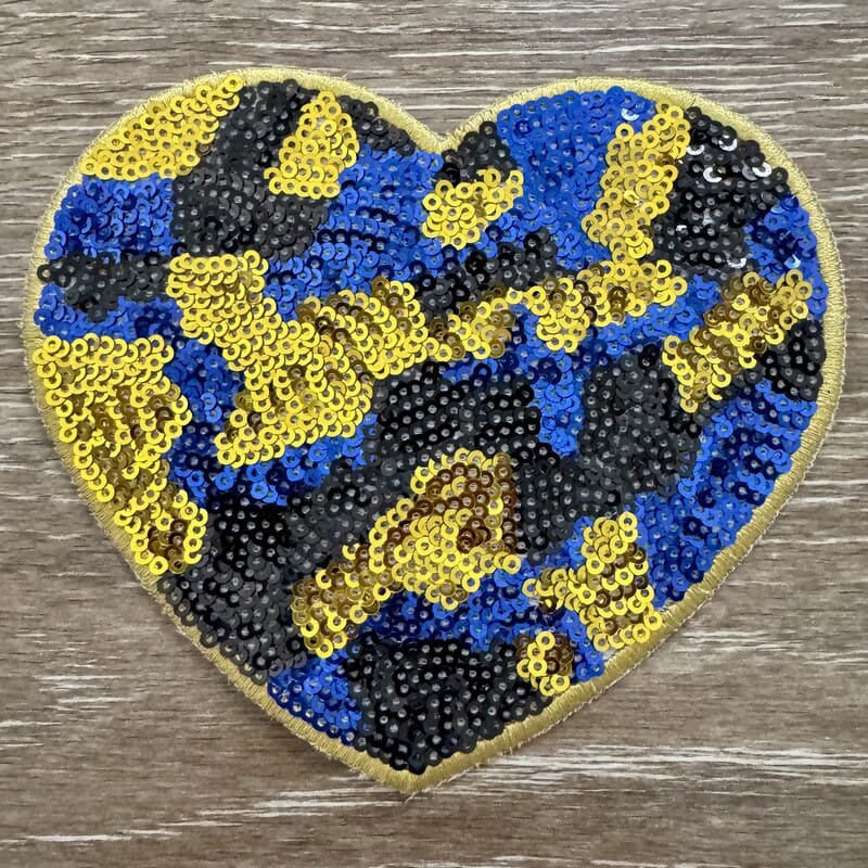 On A Whim Hats Blue and Gold Camo Sequin Heart Iron-On Patch