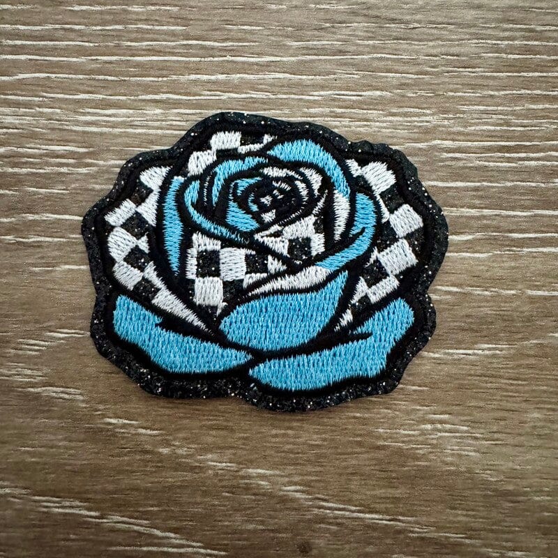 On A Whim Hats Blue Checkered Rose Iron-On Patch