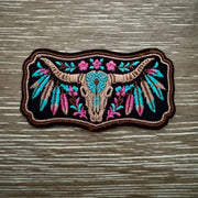 On A Whim Hats Boho Longhorn Skull Feather Iron-On Patch