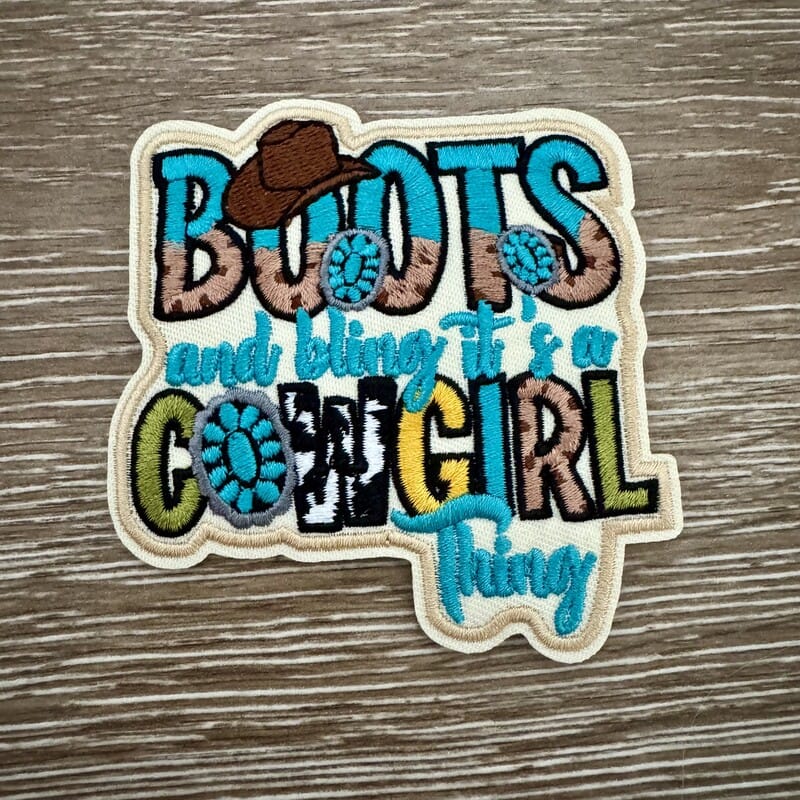Boots and Bling cowgirl iron-on patch with turquoise, cowhide and gemstone lettering and cowboy hat