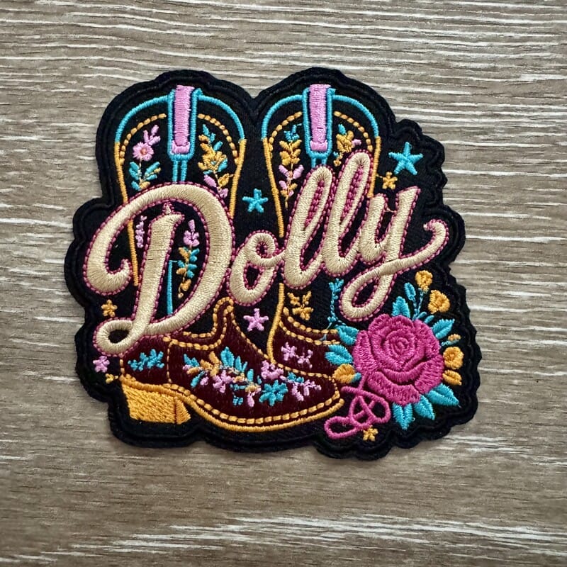 On A Whim Hats Boots and Roses Script Iron-On Patch