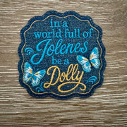 On A Whim Hats Butterfly Garden Script Iron-On Patch - Denim