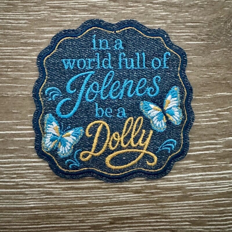 On A Whim Hats Butterfly Garden Script Iron-On Patch - Denim