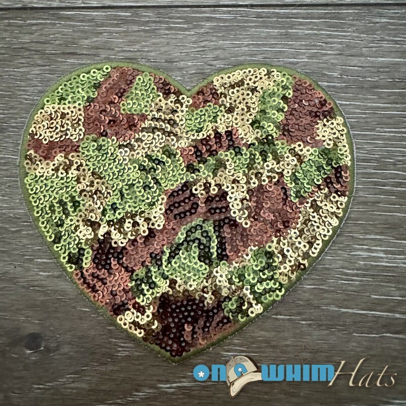 On A Whim Hats Camo Sequin Heart Iron-On Patch (multiple colors)