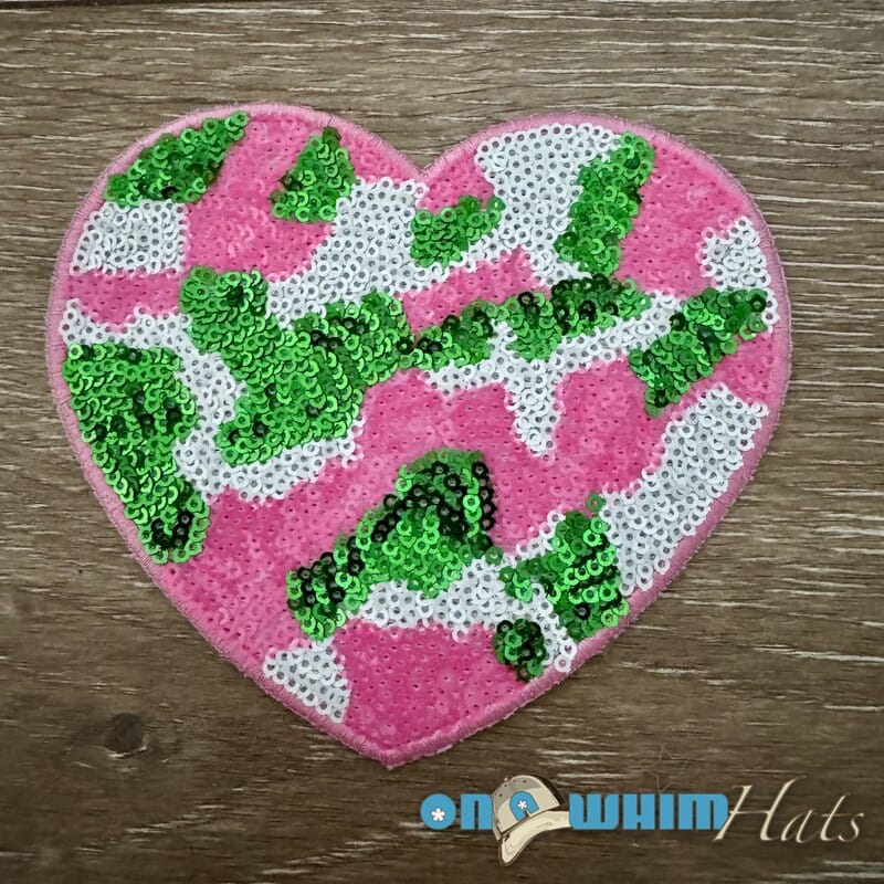 On A Whim Hats Camo Sequin Heart Iron-On Patch (multiple colors)