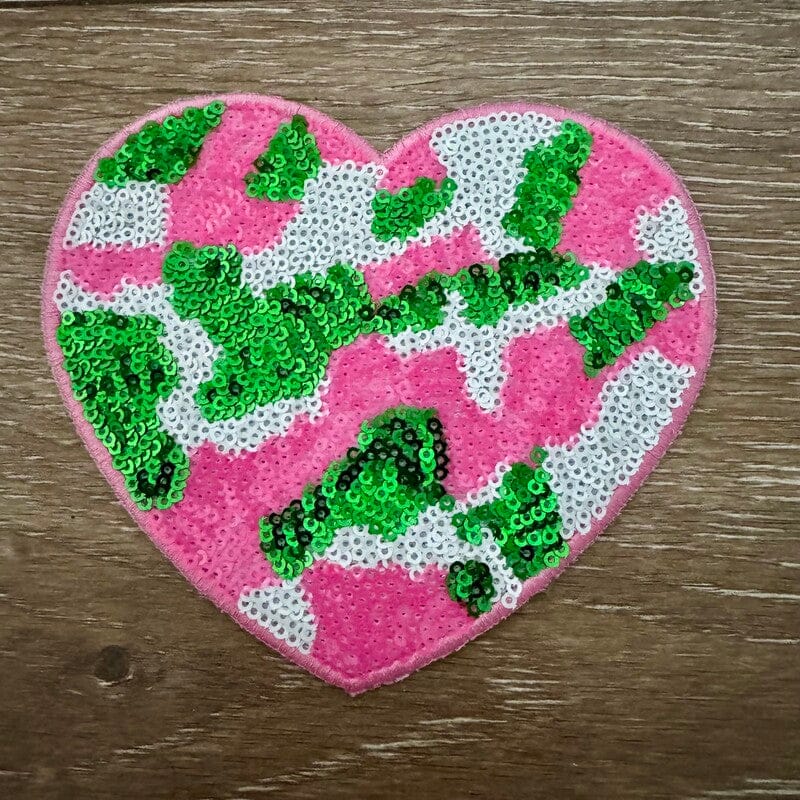 On A Whim Hats Camo Sequin Heart Iron-On Patch (multiple colors)