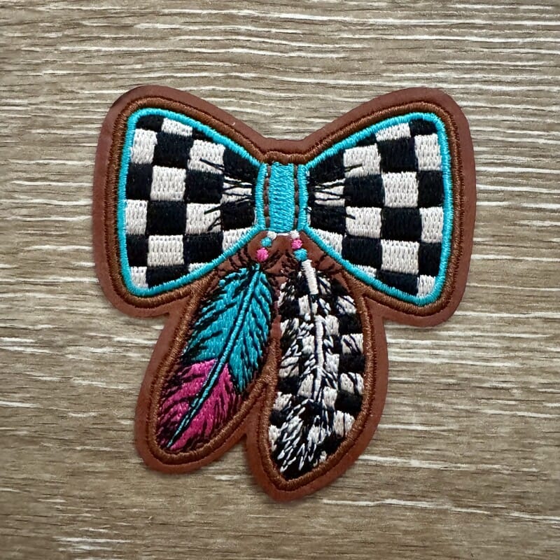On A Whim Hats Checkered Feather Bow Iron-On Patch