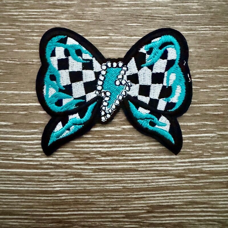On A Whim Hats Checkered Flame Bow Iron-On Patch