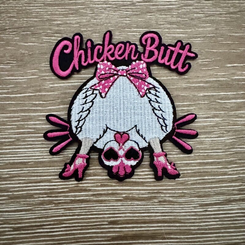 Chicken Butt funny embroidered iron-on patch with fluffy hen in pink heels and polka dot bow