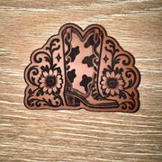 On A Whim Hats Cow Print Cowboy Boot & Sunflowers Engraved Leather Iron-On Patch