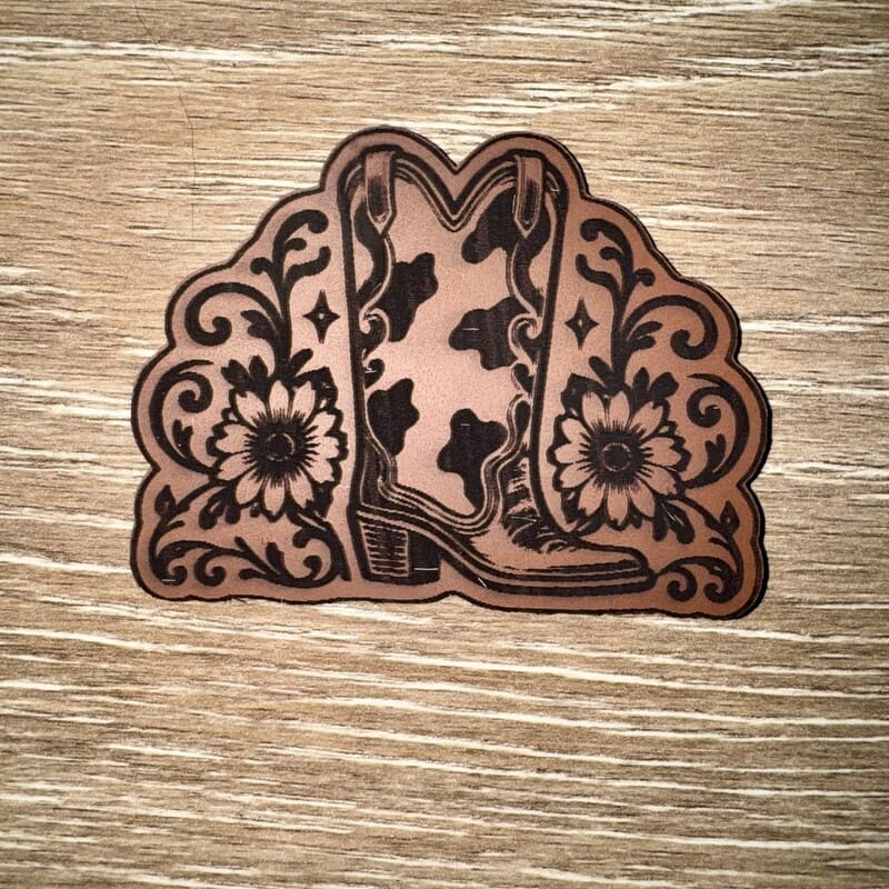 On A Whim Hats Cow Print Cowboy Boot & Sunflowers Engraved Leather Iron-On Patch
