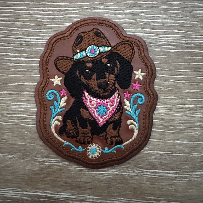 Cowboy dachshund iron-on patch wearing hat and bandana