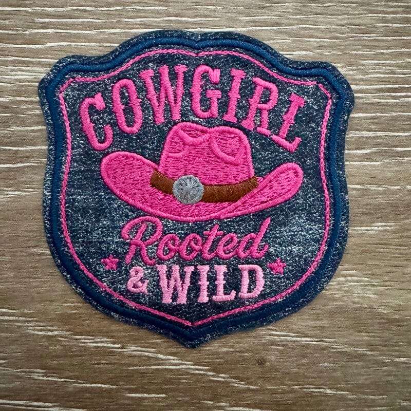 Rooted & Wild cowgirl leather iron-on patch with hot pink cowboy hat and concho by On A Whim Hats