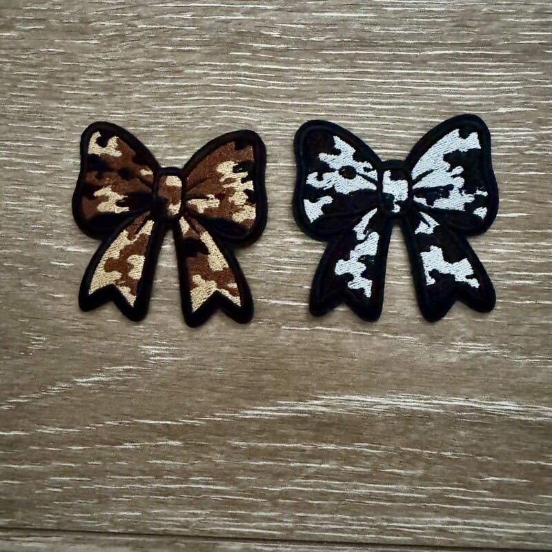 On A Whim Hats Cowhide & Camo Bow Iron-On Patch Set