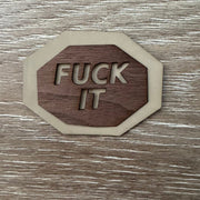 On A Whim Hats Cream Leather and Walnut Wood F-It Iron-On Patch