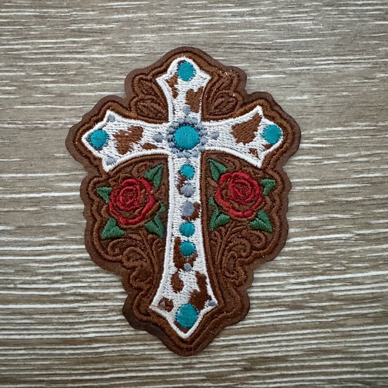 On A Whim Hats Cow Print Rose Cross Iron-On Patch