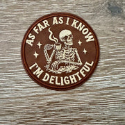 Round brown Delightful Skeleton Coffee leather iron-on patch with embroidered skeleton sipping coffee for hats