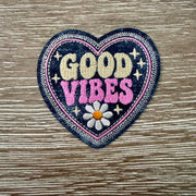 On A Whim Hats Good Vibes Denim Heart Iron-On Patch