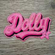 Retro Glam Dolly glitter cursive name iron-on patch with a sparkly shooting star accent for hats by On A Whim Hats