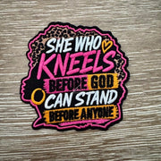 On A Whim Hats She Who Kneels Faith Saying Iron-On Patch