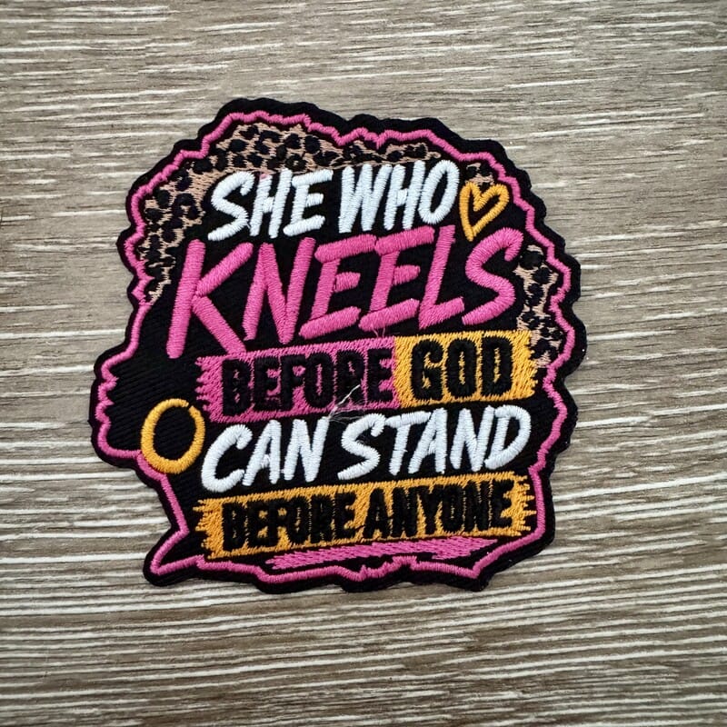On A Whim Hats She Who Kneels Faith Saying Iron-On Patch