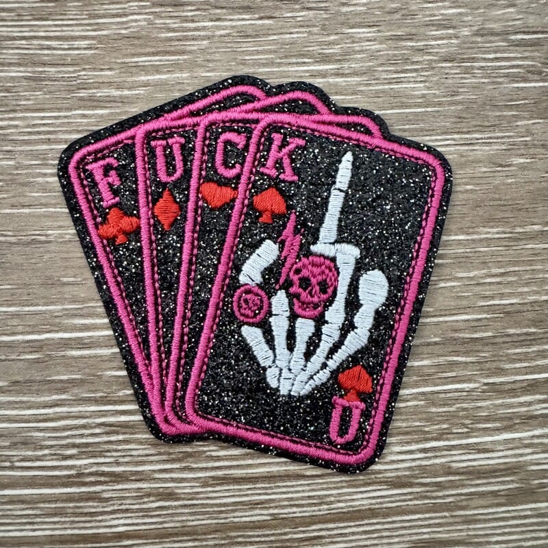 On A Whim Hats Skeleton Hand Playing Cards Iron-On Patch