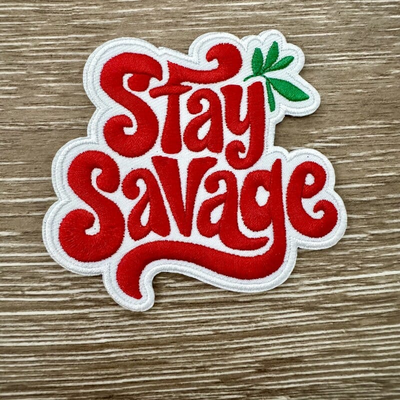 On A Whim Hats Stay Savage Retro Script Iron-On Patch