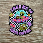 On A Whim Hats Take Me To Your Coffee Alien UFO Iron-On Patch