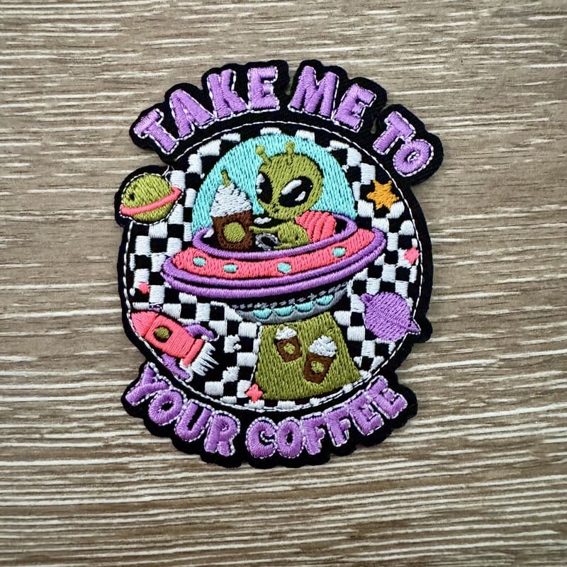 On A Whim Hats Take Me To Your Coffee Alien UFO Iron-On Patch