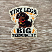 Tiny Legs Big Personality dachshund iron-on patch with bold lettering and orange sparkle accents by On A Whim Hats