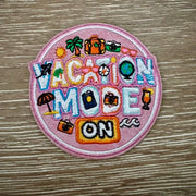 Pink Vacation Mode On iron-on patch with palm trees, suitcases and cocktails for hats and tote bags by On A Whim Hats
