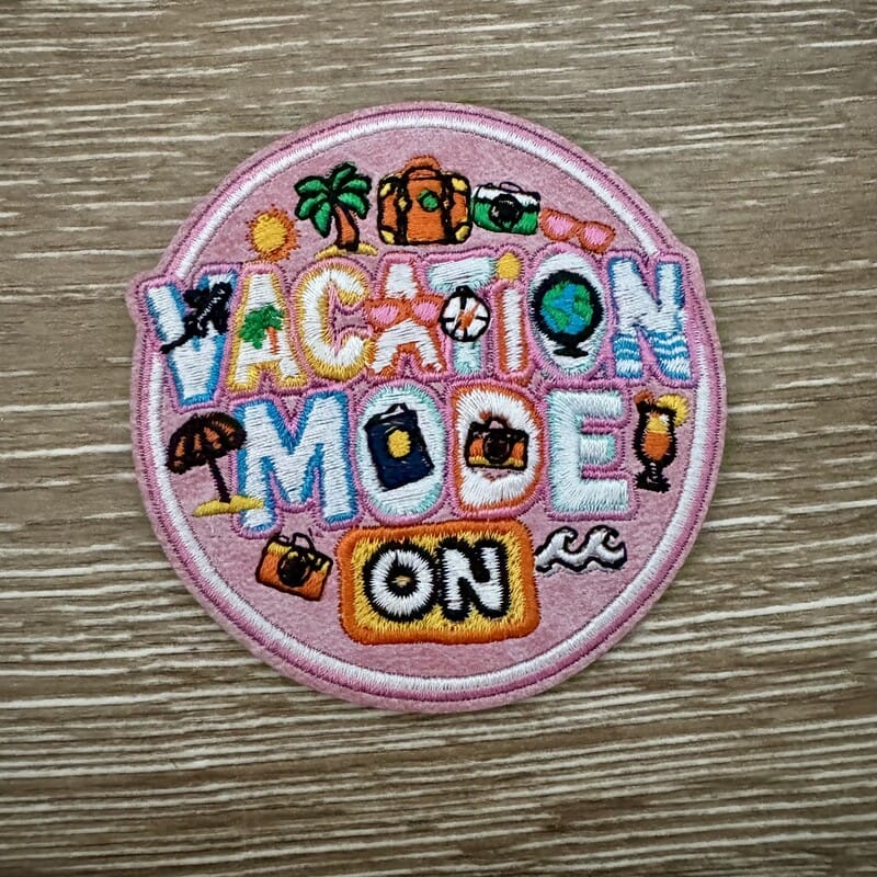 Pink Vacation Mode On iron-on patch with palm trees, suitcases and cocktails for hats and tote bags by On A Whim Hats