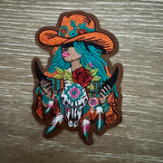 On A Whim Hats Desert Rose Cowgirl Skull Iron-On Patch