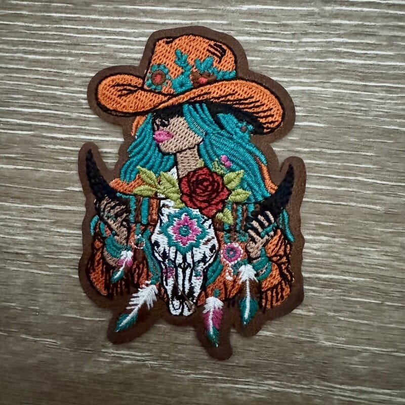 On A Whim Hats Desert Rose Cowgirl Skull Iron-On Patch