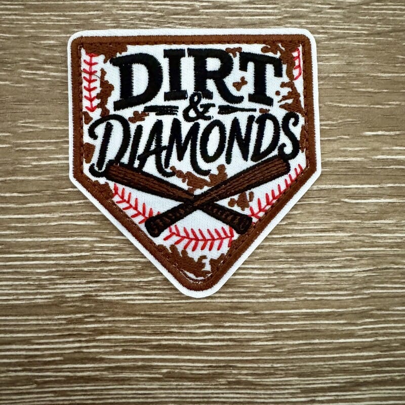Dirt and Diamonds baseball iron-on patch with crossed bats and baseball on home plate badge