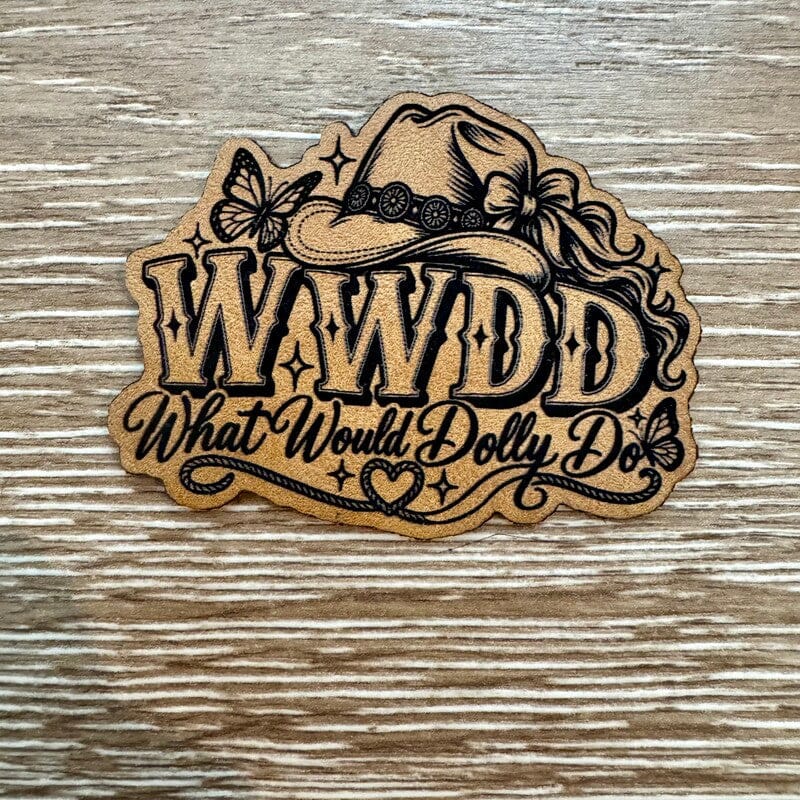 Laser-engraved Dolly and butterflies natural leather iron-on patch with cowgirl hat by On A Whim Hats