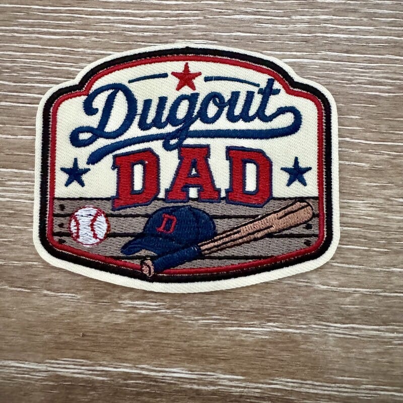 Dugout Dad baseball iron-on patch with bat, ball and cap