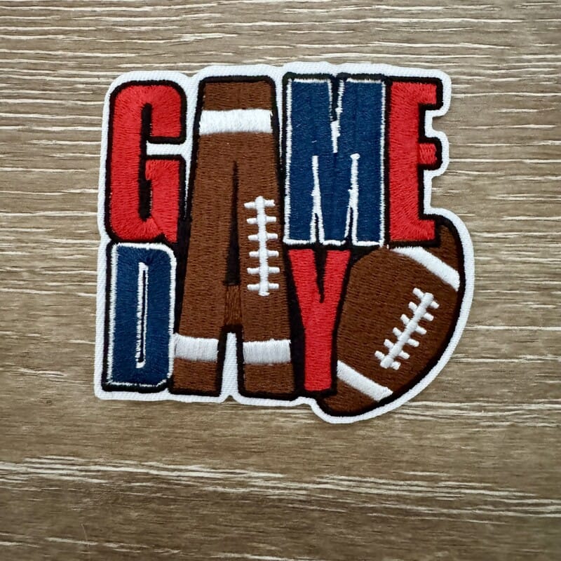 Navy and red Game Day football iron-on patch for trucker hats