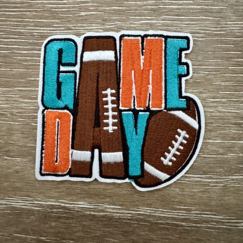 Teal and orange Game Day football iron-on patch for trucker hats