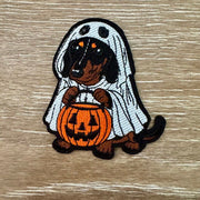 On A Whim Hats Ghost Dachshund Trick-or-Treat Iron-On Patch