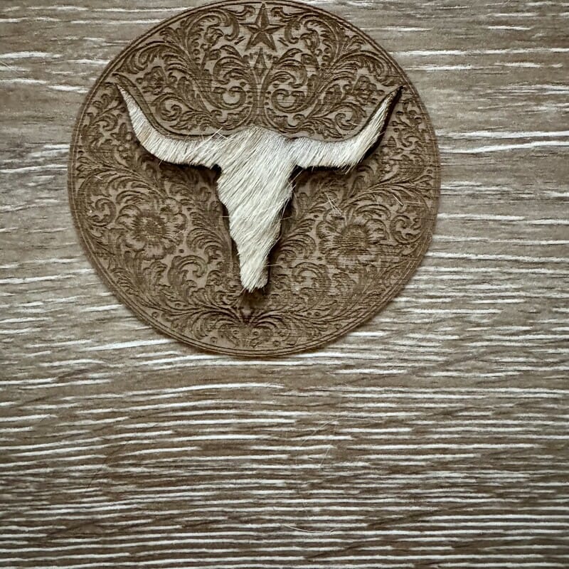 On A Whim Hats Hair-On Cowhide Longhorn Skull Western Floral Medallion Iron-On Patch
